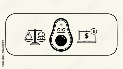 Gig Economy Concept with Scales Laptop and Avocado Symbol.