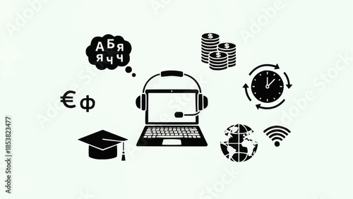 Online Education and Language Learning Concept with Laptop and Symbols.
