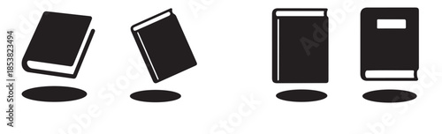 Four black books floating in mid-air