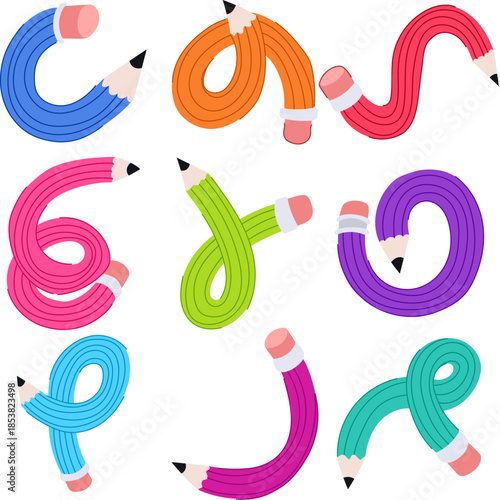 Colorful pencils bending into various whimsical shapes and patterns, illustrating concepts of creativity, flexibility, education, playful design, and artistic expression on a white background