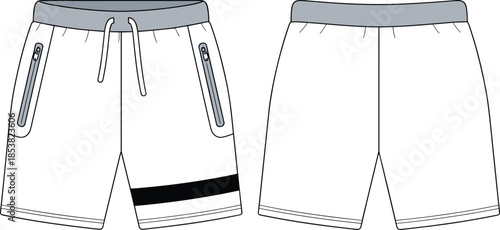 Men athletic shorts cad drawing flat vector illustration, front and back view technical sportswear fashion apparel design