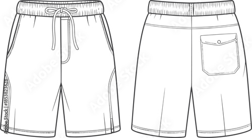 Men casual drawstring shorts front and back view, technical fashion flat sketch, apparel CAD drawing vector illustr