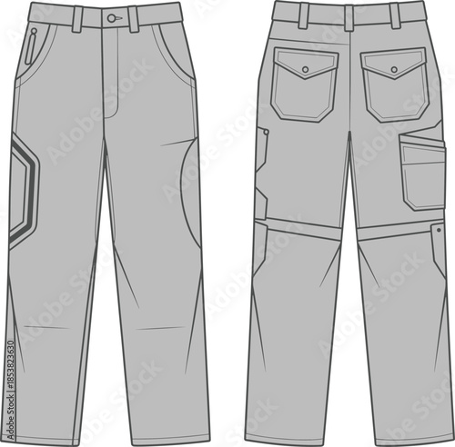 Men cargo pants front and back view, technical fashion flat sketch, utility trousers apparel CAD vector illustration