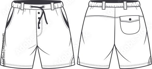 Men casual shorts cad drawing flat vector illustration, front and back view technical fashion apparel design sketch