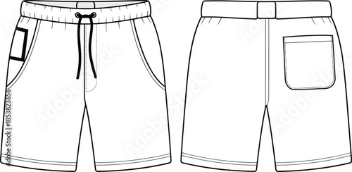 Men casual shorts cad drawing flat vector illustration, front and back view technical fashion apparel design template