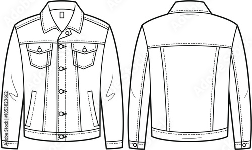 Men denim jacket technical sketch front and back view, classic trucker jacket fashion CAD drawing flat vector illustration