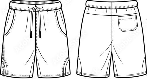 Men drawstring casual shorts front back view, technical flat sketch apparel design, fashion CAD drawing vector illustration