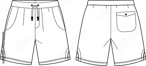 Men drawstring shorts cad drawing flat vector illustration, front and back view technical fashion apparel design template