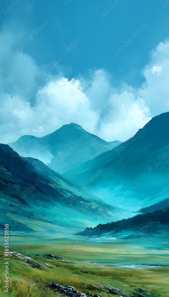 Naklejka premium Breathtaking Scenic Mountain Range Landscape with Mist, Meadow, and Dramatic Cloudy Sky Above