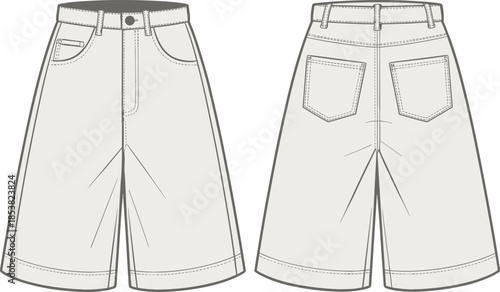 Women wide leg shorts technical sketch front and back view, casual fashion trousers CAD drawing flat vector illustration