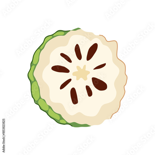 Custard apple cross section presenting creamy white pulp with dark seeds and a green textured skin, illustrating a fresh exotic fruit for food and health concepts