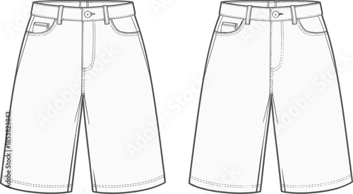Women wide leg shorts technical flat sketch front view set, modern casual fashion trousers CAD drawing vector illustration