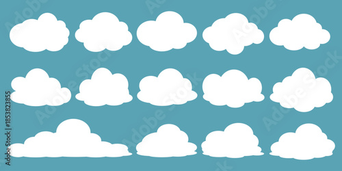 set of vector illustrations of clumpy clouds, cloud bubbles in flat style on a blue background	
