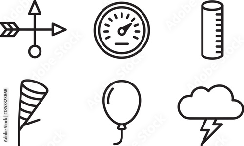 Weather and meteorology icons windsock anemometer balloon cloud lightning cylinder