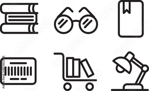 Collection of education and library icons books glasses bookmark trolley desk lamp