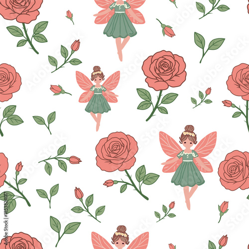 Red roses with fairies seamless pattern