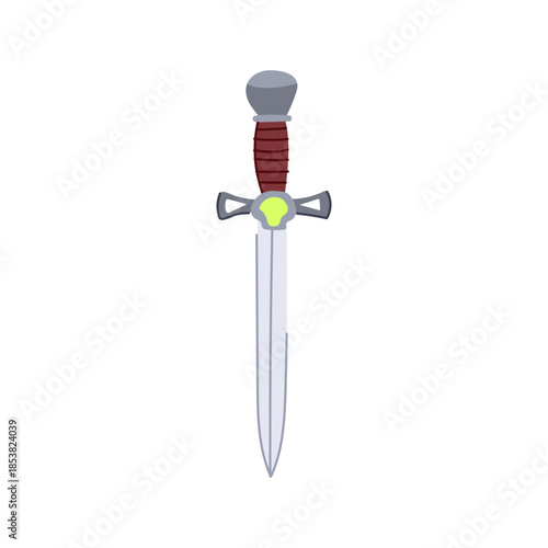 Dagger with a sharp steel blade, brown wrapped grip and green gem on the hilt, fantasy style weapon icon evoking medieval adventure, combat and legendary quests