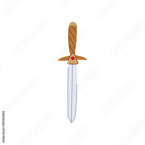 Dagger with a brown wrapped handle, golden hilt featuring a red gem, and silver blade, representing concepts like danger, protection, weaponry, and historical objects