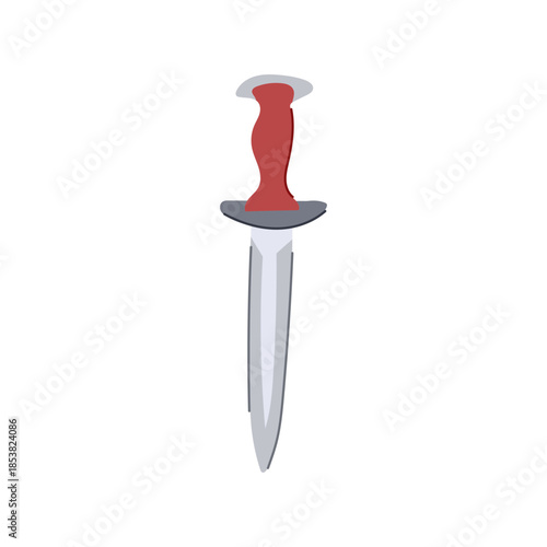 Stylized dagger illustration featuring a red handle, a grey guard, and a silver blade, representing themes of danger, protection, and historical weaponry on a clean white background