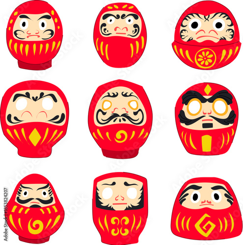 Japanese daruma dolls displaying various facial features and patterns, embodying themes of perseverance, setting goals, and achieving aspirations within asian culture
