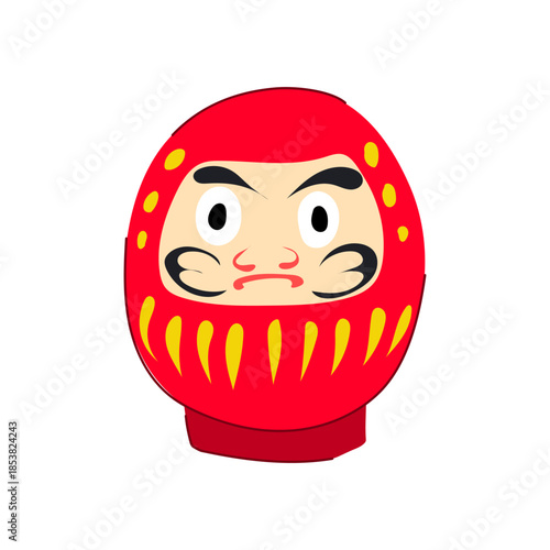 Traditional japanese daruma doll representing luck, perseverance and goal setting, red, minimalist icon on white background symbolizing hope, success and determination