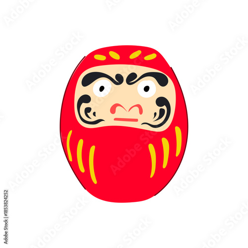 Traditional red japanese daruma doll representing perseverance, good luck, and goal setting, featuring a stylized face with prominent eyebrows and mustache, on a clear white background