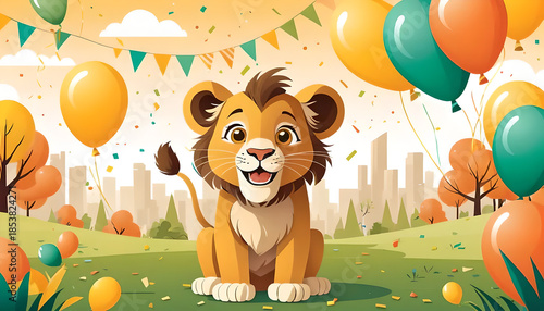 Cute Cartoon Lion Cub with Balloons and Confetti in Festive Park
