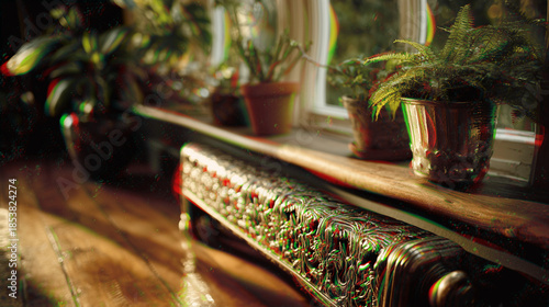 Cozy interior with houseplants on windowsill, vintage radiator, warm light, wooden textures, homely atmosphere, calmness, comfort, indoors.
