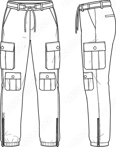 Multi-Pocket Cargo Pants Technical Fashion Illustration Drawing Vector Mockup for Designer Apparel Clothing CAD Template with Zipper Cuffs and 