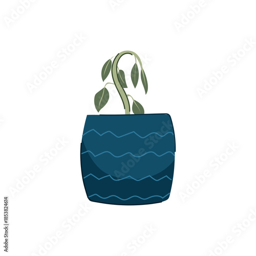 Potted plant with drooping leaves on a bending stem in a blue decorative pot, illustrating concepts of neglect, poor health, failure, and the need for care