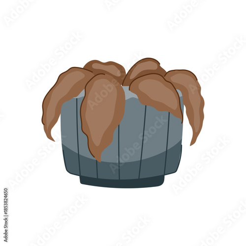 Dead houseplant with brown, wilting leaves in a grey pot, illustrating concepts of neglect, drought, and lack of care in indoor gardening, isolated on white