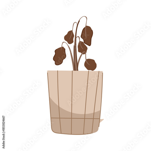 Withered houseplant in a plain brown pot, droopy dry leaves and shriveled stems symbolizing neglect, poor care, failure and the end of life in a minimalist white setting