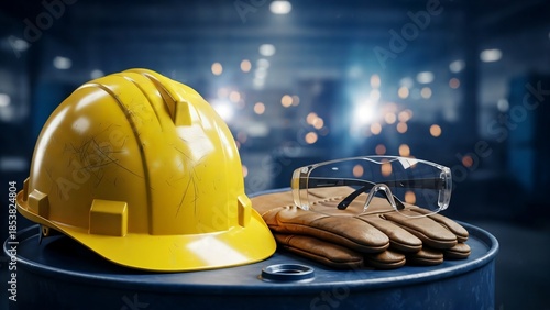 Yellow hard hat safety goggles and work gloves on barrel representing industrial occupational health and safety