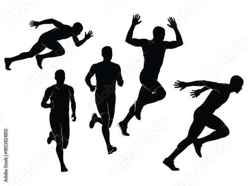 Silhouettes of people running dynamic poses capturing speed and athletic movement