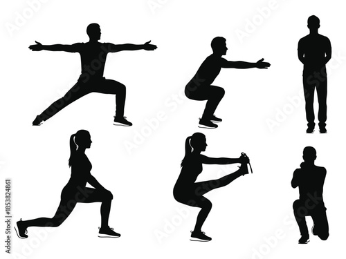 Silhouettes of people performing various dynamic stretching and fitness exercises