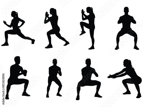 Silhouettes of people performing various fitness exercises and stretching poses