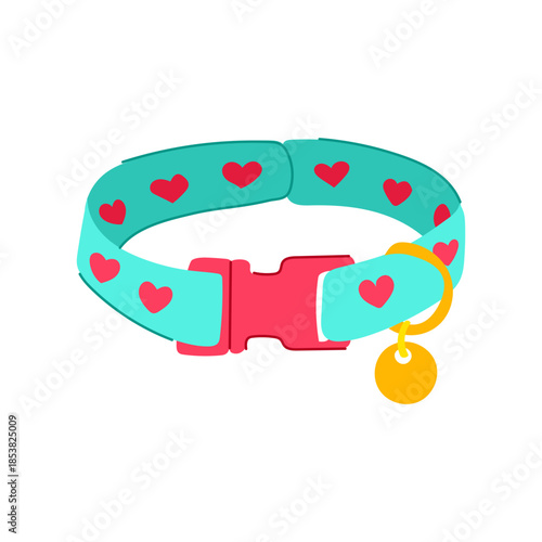 Pet collar with a teal strap and pink quick release buckle featuring red heart patterns, completing the design with a shiny gold d ring and a circular identification tag