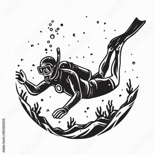 Scuba Divers Underwater Image Vector Isolated on White Background