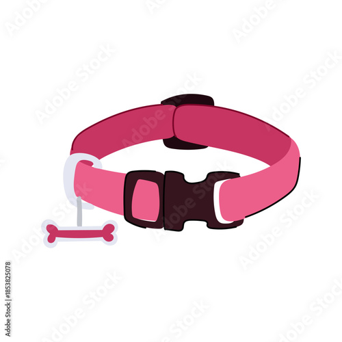 Pink dog collar showing a black buckle and a white bone shaped identification tag, providing a graphic illustration for pet accessory, ownership, and animal well being concepts and themes