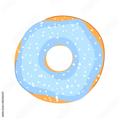 Donut with bright blue icing and white sprinkles, tempting sweet pastry illustration ideal for breakfast, snack or dessert colorful, minimal flat design vector on white background