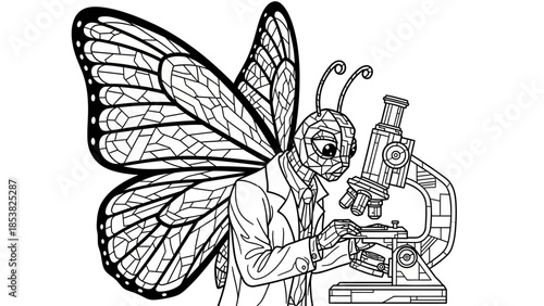 Monochrome butterfly scientist examining a sample under a microscope detailed illustration