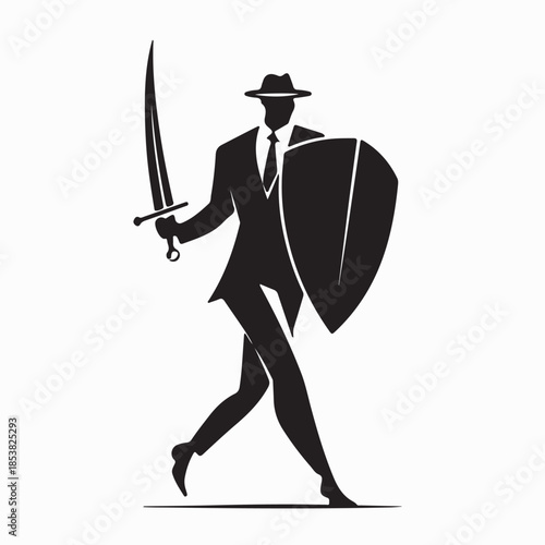 Strong businessman with medieval sword and shield, protects business from risks or business
