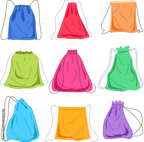 Nine diverse colored drawstring bags representing storage, education, fitness, and promotional concepts, organized in a grid on a clean white background
