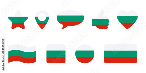 Icon set with star, heart, map, pin, speech bubble and thumb up of Bulgaria flag colors. Symbols or signs isolated on white. Vector clipart, illustration of Bulgarian event or national holidays.