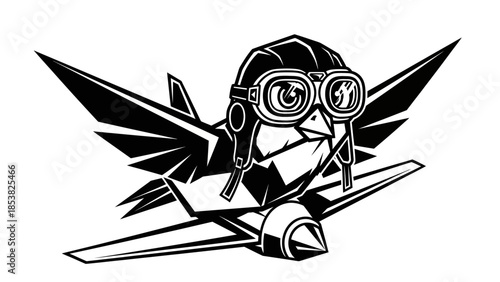 Aviation Avian Ace: Cartoon Bird Pilot Soaring in Style Black and White Design
