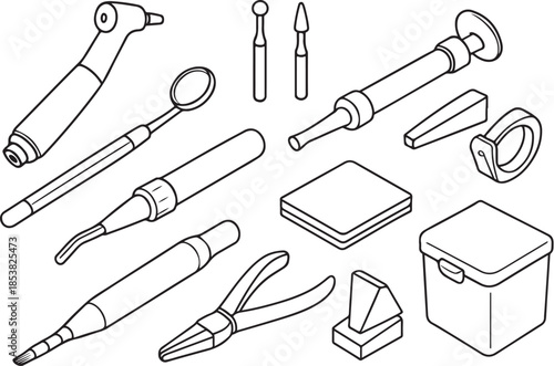Restorative Prep Mini-Station Dental Restorative Tools Bundle 3D Line Art.eps