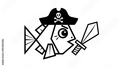 Stylized Cartoon of a Pirate Fish with Eye Patch and Sword ready for adventure
