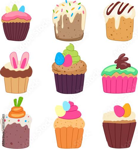 Collection of nine festive cakes and cupcakes decorated with holiday elements like easter eggs, bunny ears, chocolate bunny, fresh carrots, and colorful sprinkles, celebrating spring