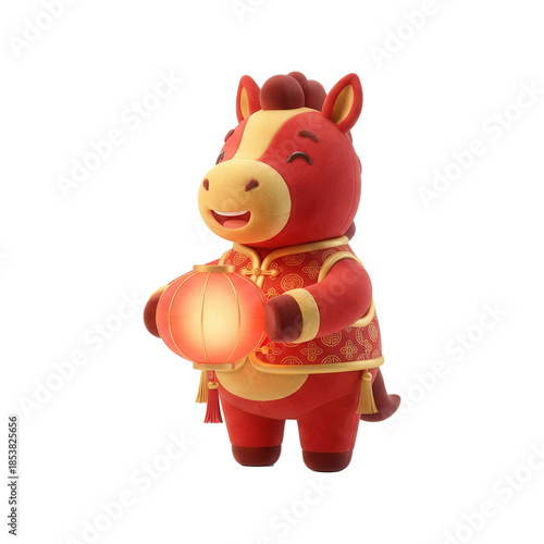Cute red horse character holding a glowing lantern celebrating a festive occasion.