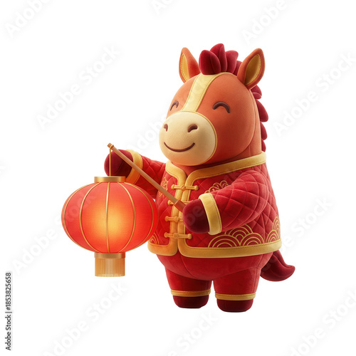 Cute Chinese New Year Horse Mascot Holding a Traditional Red Lantern.